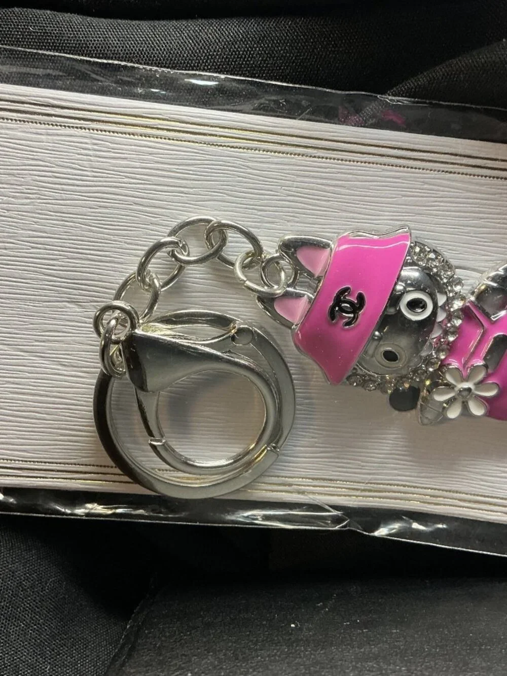 Pink Silver-Tone Rhinestone Keychain with Logo Hat and Bow Charm